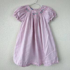 Anavini Girls Pink Gingham Smocked Dress 24mo 2T Flannel Embroidered Elephants